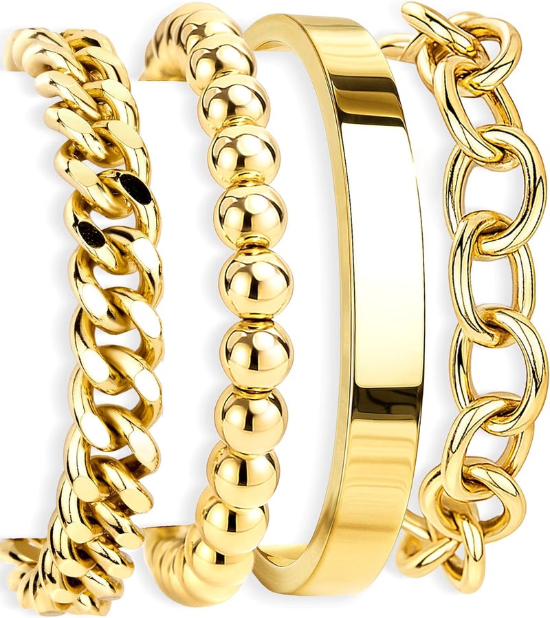 Poxtex Gold Bracelets Set for Women Stack, Dainty Thick Bracelets Stack for Women Trendy, Simple Thin Gold Plated Cuff Stackable Bracelets With Beaded Cuban Paperclip Snake Rope Bangle Hand Chain Jewelry Gifts for Women Non Tainish - Image 1
